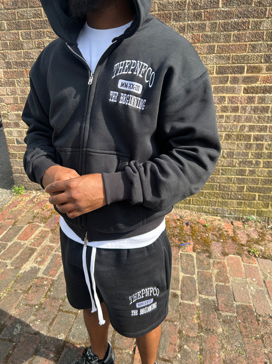 “THE BEGINNING” Black Hoodie & Shorts Set