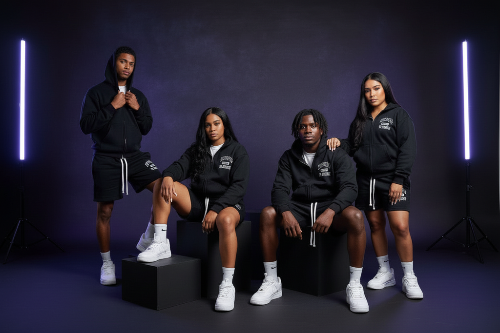 Studio campaign with grounded pose